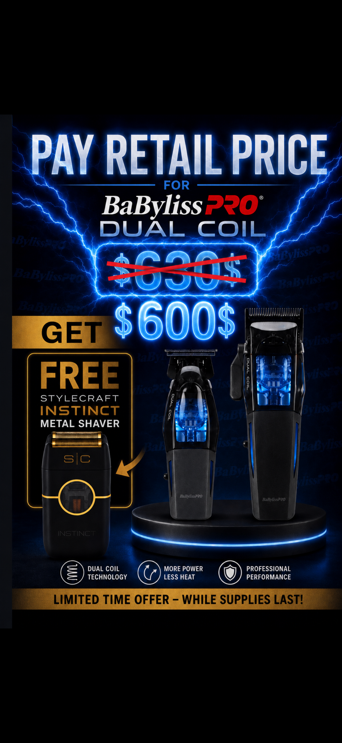 Babyliss dual coil clipper + trimmer + instinct metal shaver combo